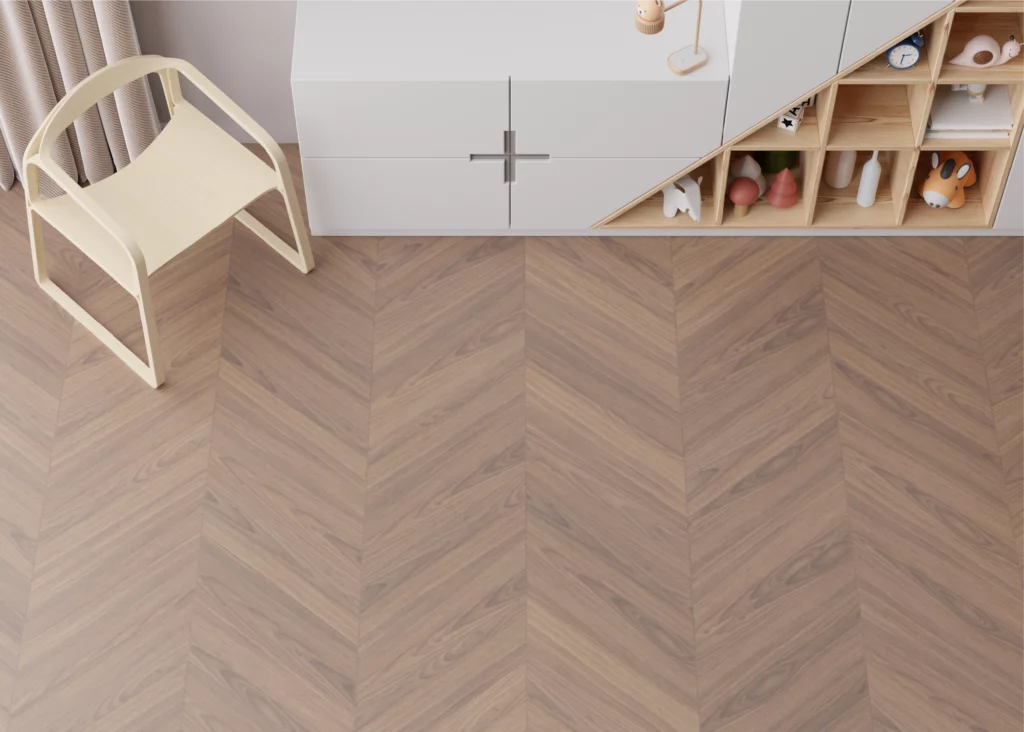 PVC Hongaarse punt vloer met houtlook in vrolijke kinderkamer