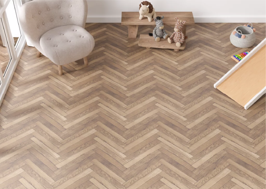 PVC visgraat vloer met houtlook in kinderkamer met speelhoek
